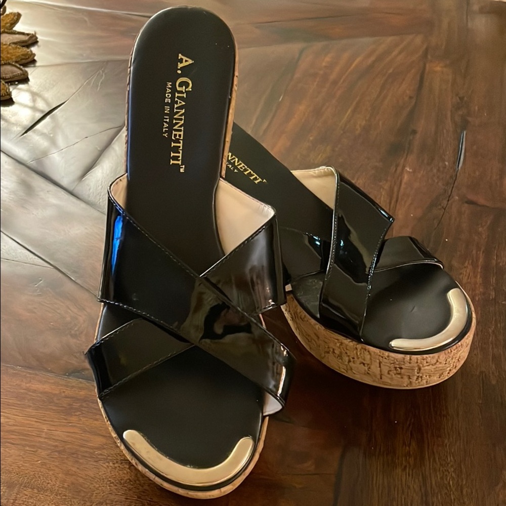 A. Giannetti Black Crisscross Sandals with Wedge Heels. - Picture 2 of 12